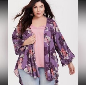 Torrid Purple Floral Kimono with Soft Pink Blouse